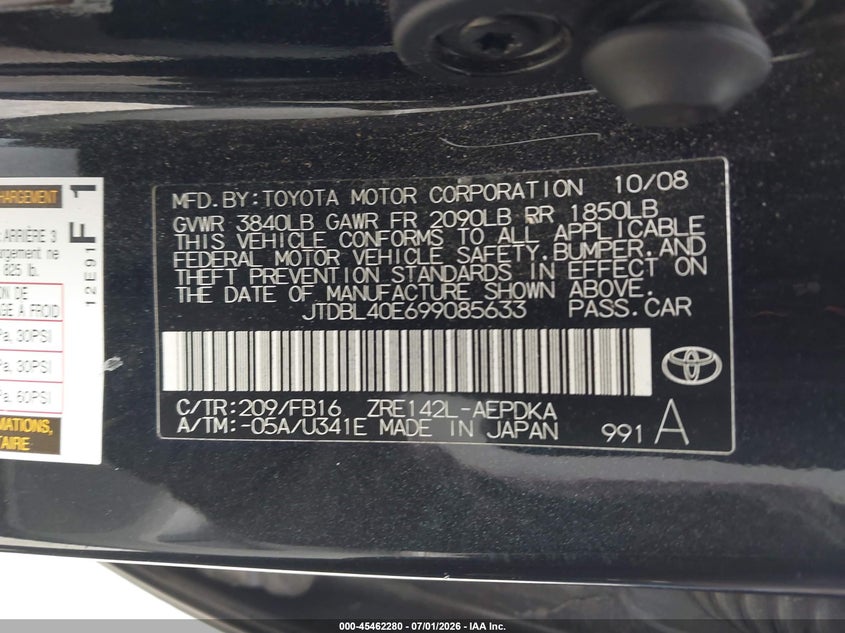 2009 Toyota Corolla VIN JTDBL40E699085633 IAAI salvage auction — RIGHT SIDE, Salvage (California), sold $1,375 on 2026-07-15 (photo 9)