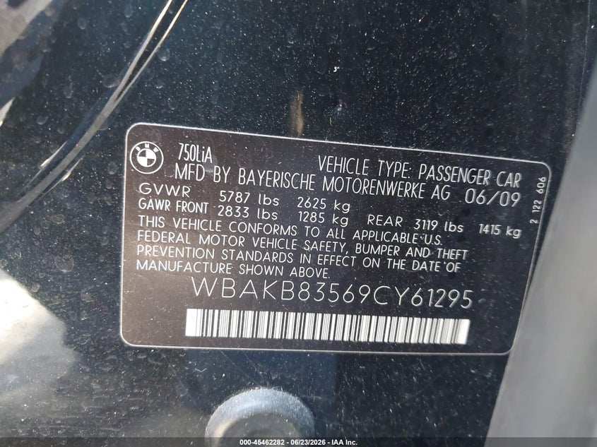 2009 BMW 7er VIN WBAKB83569CY61295 IAAI salvage auction — NORMAL WEAR, Clear - Dealer Only (California), sold $750 on 2026-07-13 (photo 9)