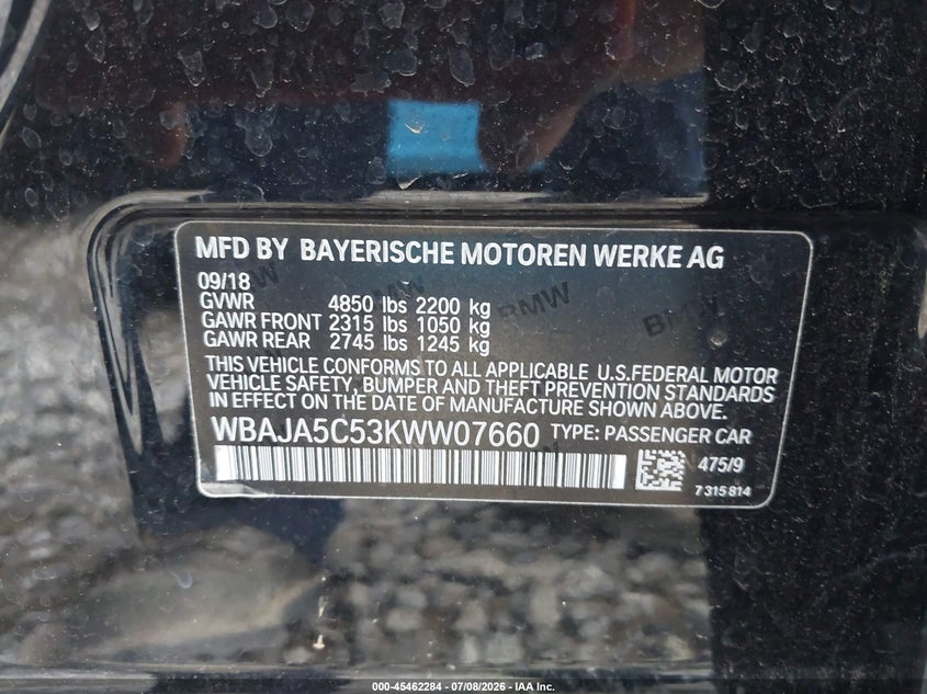 2019 BMW 5er VIN WBAJA5C53KWW07660 IAAI salvage auction — UNKNOWN, Salvage (Tennessee), sold $10,100 on 2026-07-23 (photo 9)