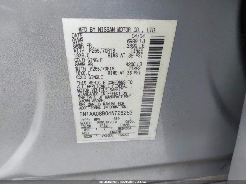 2004 Nissan Pathfinder VIN 5N1AA08B04N728283 IAAI salvage auction — NORMAL WEAR, Clear (Washington), sold $325 on 2026-07-08 (photo 9)
