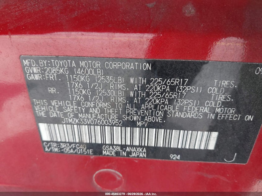 2007 Toyota Rav4 VIN JTMZK33V076003952 IAAI salvage auction — NORMAL WEAR, Clear (Florida), sold $25 on 2026-07-23 (photo 9)