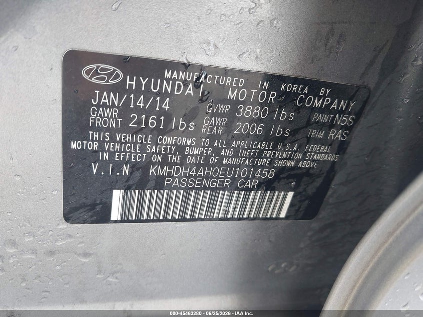 2014 Hyundai Elantra VIN KMHDH4AH0EU101458 IAAI salvage auction — NORMAL WEAR, Clear (Florida), sold $400 on 2026-07-29 (photo 9)