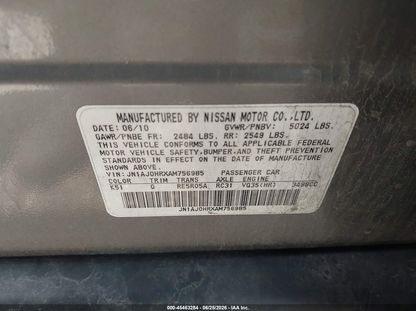 2010 Infiniti Ex35 VIN JN1AJ0HRXAM756985 IAAI salvage auction — NORMAL WEAR, Clear-Endorsement (Wisconsin), sold $25 on 2026-07-21 (photo 9)