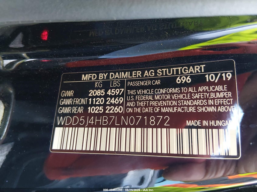 2020 Mercedes-benz Cla-class VIN WDD5J4HB7LN071872 IAAI salvage auction — NORMAL WEAR, Certificate Of Origin (Alabama), sold $9,200 on 2026-08-06 (photo 9)