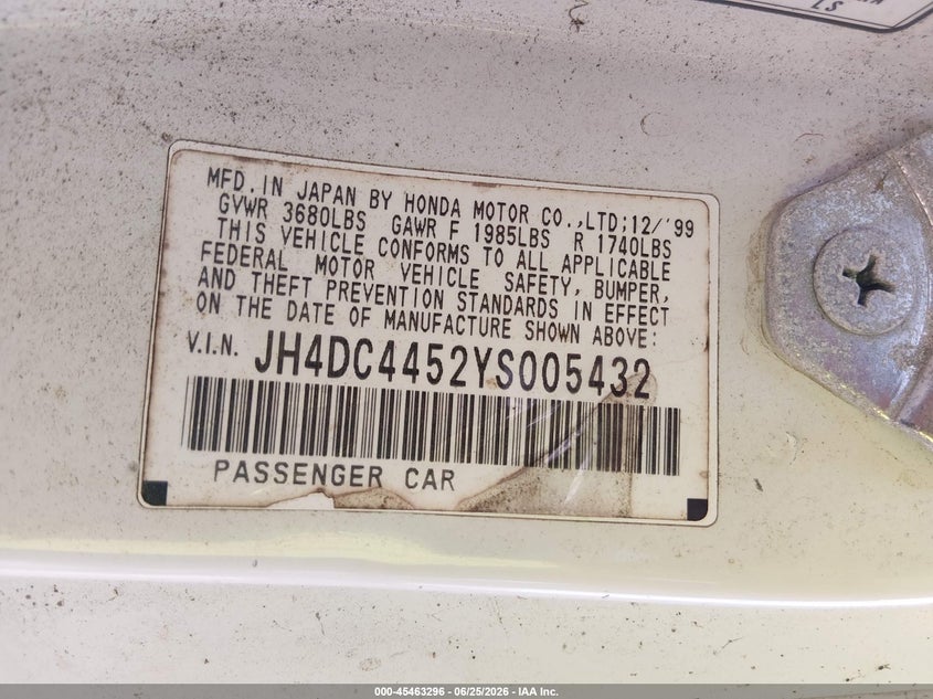 2000 Acura Integra VIN JH4DC4452YS005432 IAAI salvage auction — NORMAL WEAR, Original (Texas), sold $200 on 2026-07-22 (photo 9)