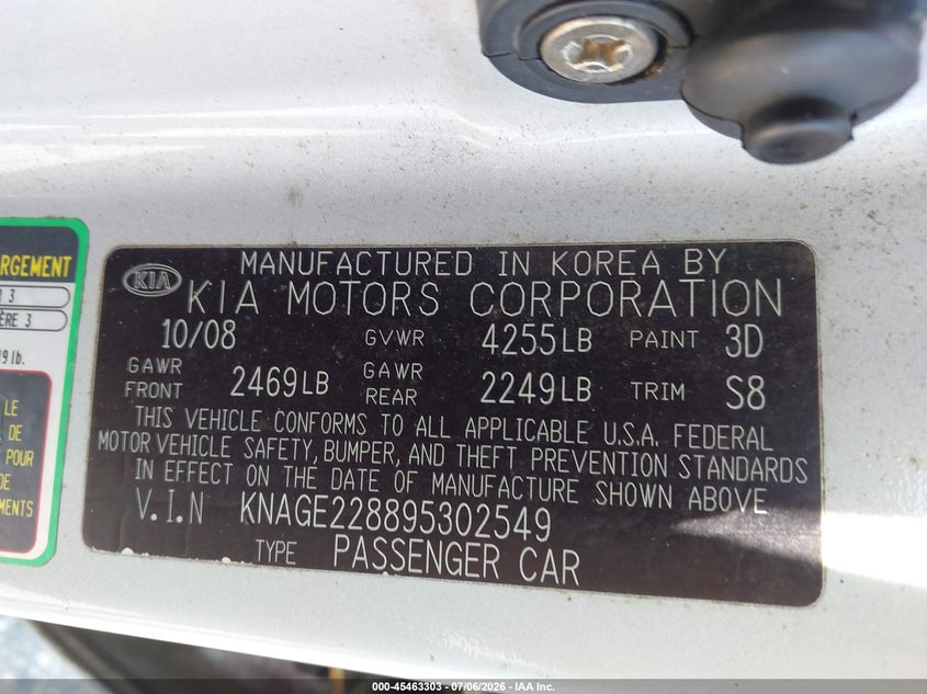 2009 Kia Optima VIN KNAGE228895302549 IAAI salvage auction — NORMAL WEAR, Clear (Florida), sold $275 on 2026-07-28 (photo 9)