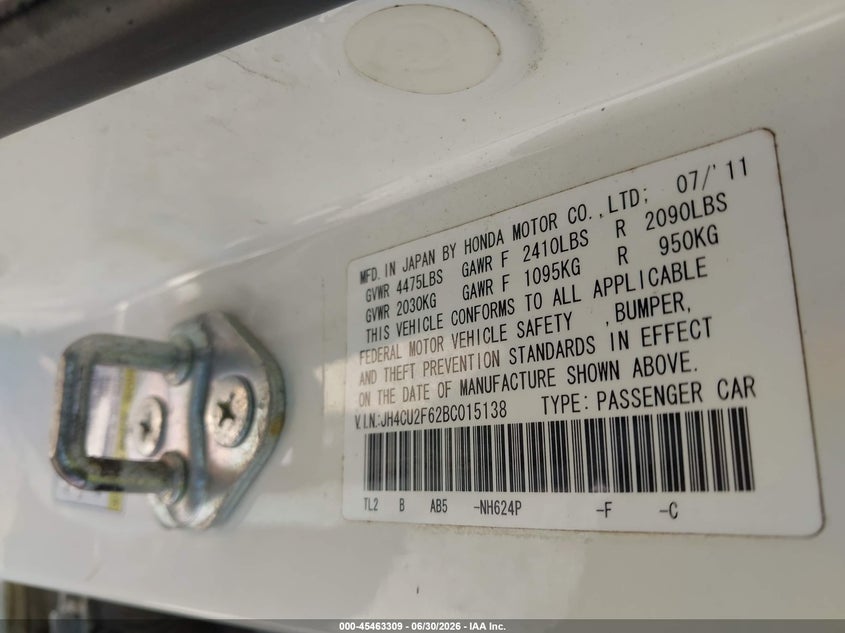 2011 Acura Tsx VIN JH4CU2F62BC015138 IAAI salvage auction — NORMAL WEAR, Clear (Florida), sold $25 on 2026-07-30 (photo 9)