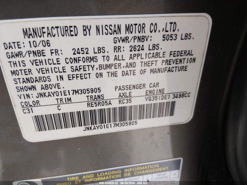 2007 Infiniti M35 VIN JNKAY01E17M305905 IAAI salvage auction — NORMAL WEAR, Original (Texas), sold $525 on 2026-07-13 (photo 9)