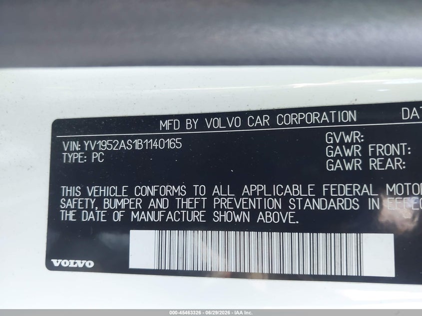 2011 Volvo S80 VIN YV1952AS1B1140165 IAAI salvage auction — NORMAL WEAR, Repossession Paperwork (Georgia), sold $25 on 2026-07-22 (photo 9)