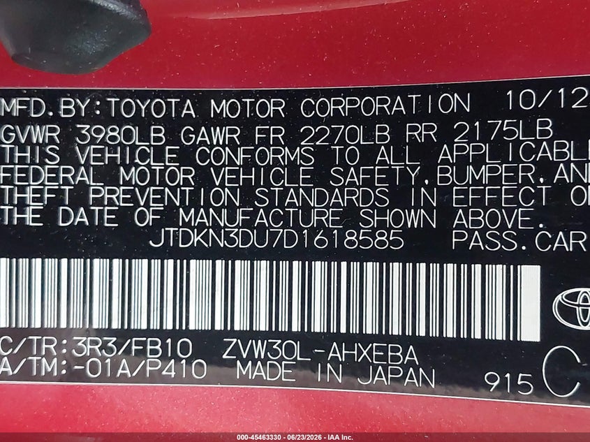 2013 Toyota Prius VIN JTDKN3DU7D1618585 IAAI salvage auction — NORMAL WEAR, Clear (Maryland), sold $2,050 on 2026-07-14 (photo 9)