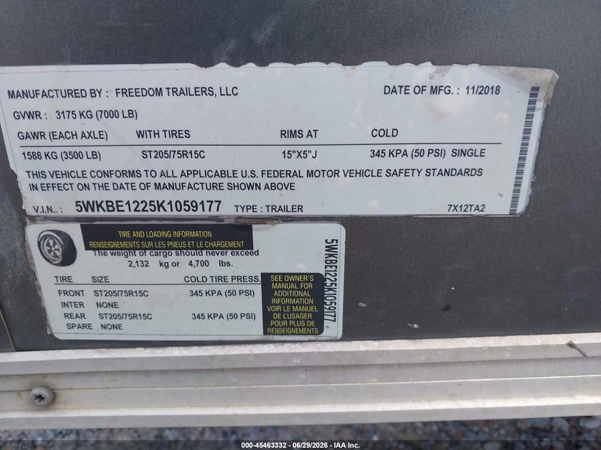 2019 Cargo Trailer VIN 5WKBE1225K1059177 IAAI salvage auction — REAR END, Salvage (Kentucky), sold $75 on 2026-07-28 (photo 9)