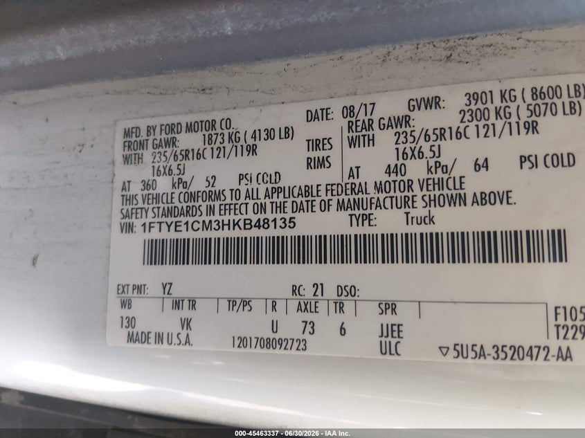 2017 Ford Transit 150 VIN 1FTYE1CM3HKB48135 IAAI salvage auction — FRONT END, Clear (Virginia), sold $3,350 on 2026-07-09 (photo 9)