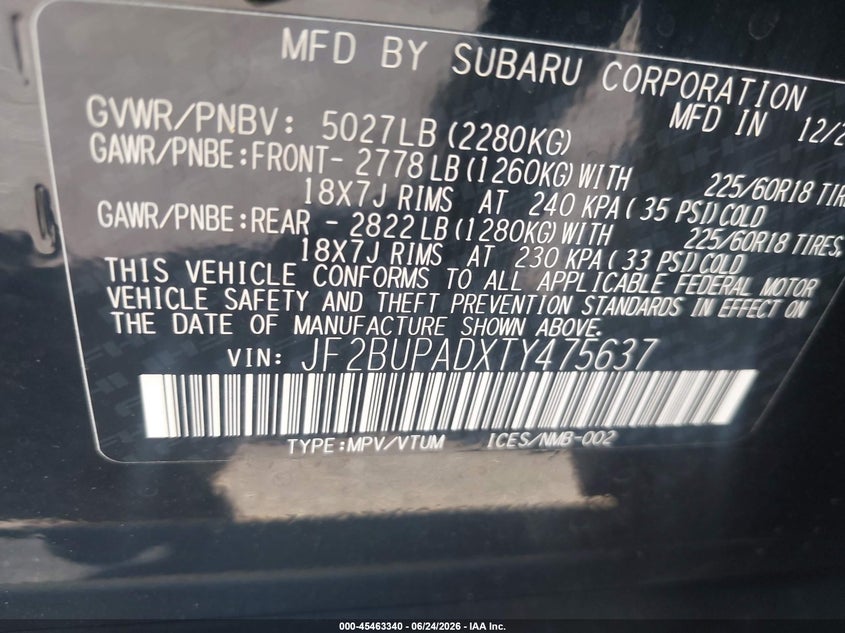 2026 Subaru Outback VIN JF2BUPADXTY475637 IAAI salvage auction — FRONT END, Clear (Georgia), sold $12,100 on 2026-07-08 (photo 9)