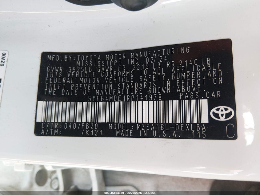 2024 Toyota Corolla VIN 5YFB4MDE1RP141978 IAAI salvage auction — FRONT END, Clear (Louisiana), sold $7,950 on 2026-07-08 (photo 9)