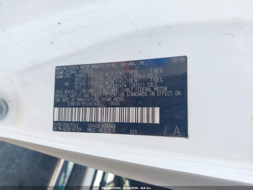 2005 Toyota Tundra VIN 5TBBT44195S463407 IAAI salvage auction — NORMAL WEAR, Clear (Florida), sold $1,300 on 2026-07-28 (photo 9)