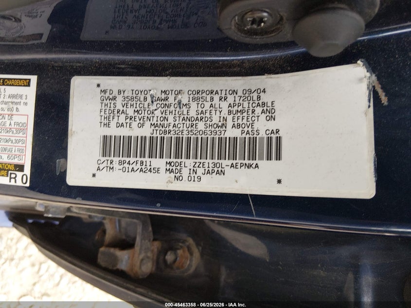 2005 Toyota Corolla VIN JTDBR32E352063937 IAAI salvage auction — FRONT END, Salvage (Ohio), sold $475 on 2026-07-29 (photo 9)