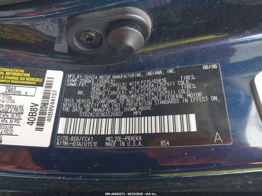 2006 Toyota Sienna VIN 5TDZA23C96S520807 IAAI salvage auction — NORMAL WEAR, Clear (Pennsylvania), sold $1,250 on 2026-07-17 (photo 9)