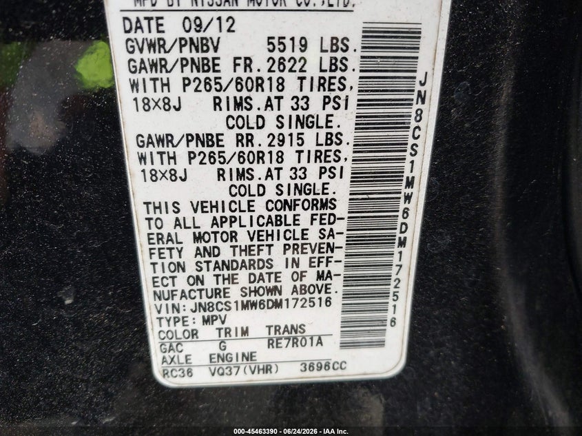 2013 Infiniti Fx VIN JN8CS1MW6DM172516 IAAI salvage auction — FRONT END, Salvage (Idaho), sold $400 on 2026-07-20 (photo 9)