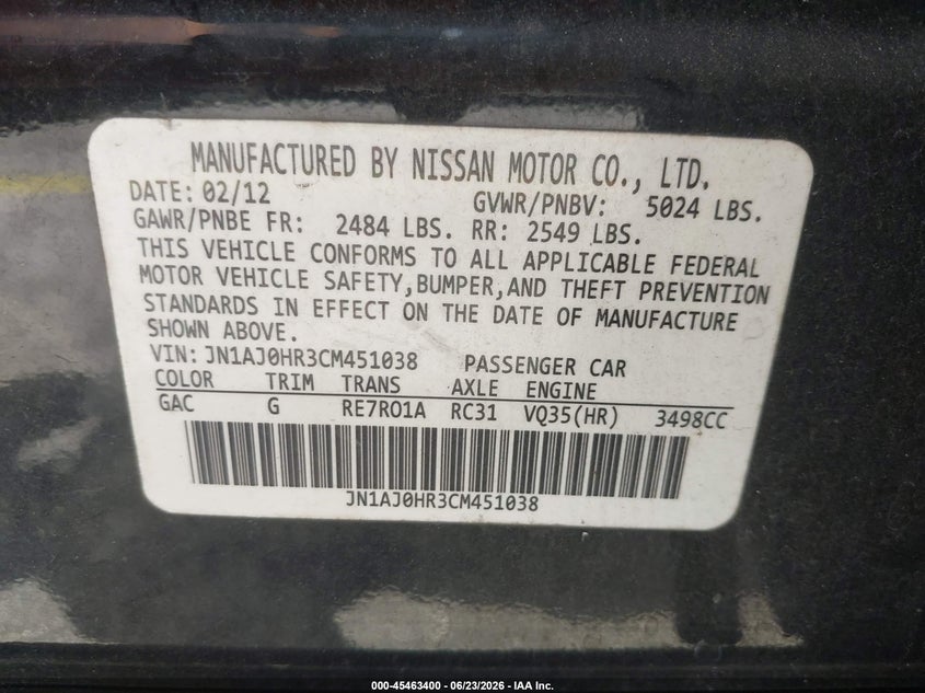 2012 Infiniti Ex VIN JN1AJ0HR3CM451038 IAAI salvage auction — NORMAL WEAR, Clear (Florida), sold $925 on 2026-07-09 (photo 9)