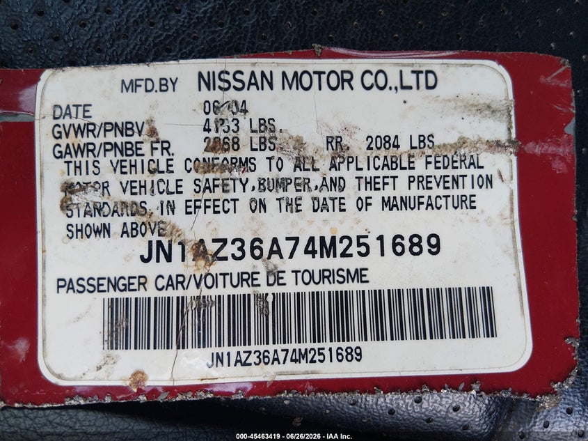 2004 Nissan 350z VIN JN1AZ36A74M251689 IAAI salvage auction — FRONT END, Salvage (Tennessee), sold $425 on 2026-07-29 (photo 9)