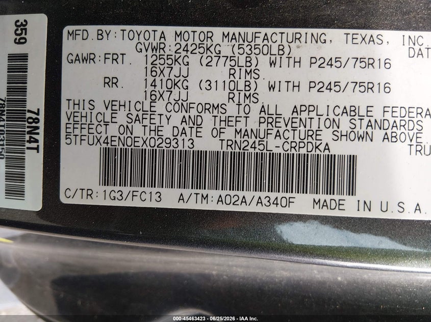 2014 Toyota Tacoma VIN 5TFUX4EN0EX029313 IAAI salvage auction — FRONT END, Salvage Title, sold $6,950 on 2026-07-14 (photo 9)