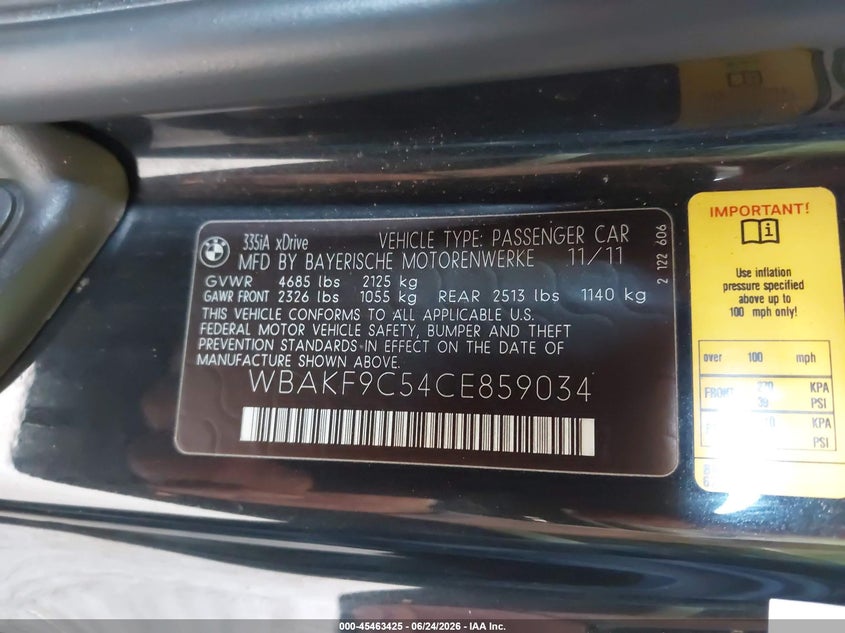 2012 BMW 3er VIN WBAKF9C54CE859034 IAAI salvage auction — NORMAL WEAR, Clear (Pennsylvania), sold $975 on 2026-07-22 (photo 9)
