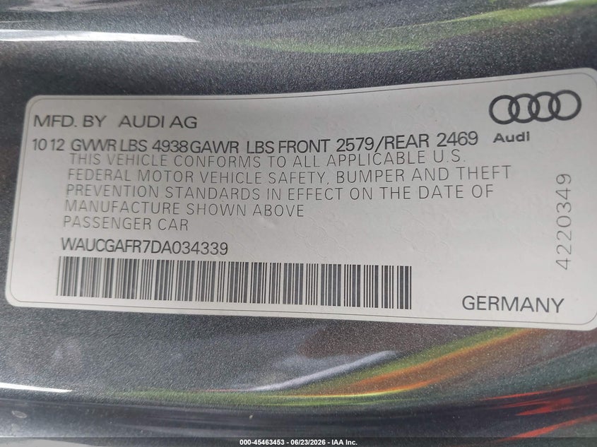 2013 Audi S5 VIN WAUCGAFR7DA034339 IAAI salvage auction — FRONT END, Repossession Paperwork (Georgia), sold $1,500 on 2026-07-21 (photo 9)