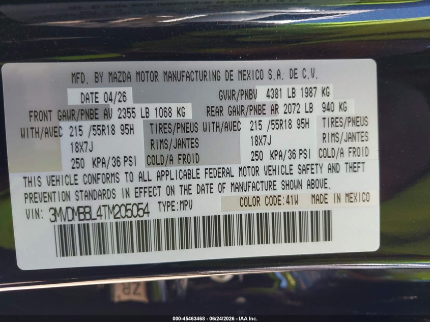 2026 Mazda Cx-30 VIN 3MVDMBBL4TM205054 IAAI salvage auction — LEFT REAR, Salvage Title, sold $9,250 on 2026-08-20 (photo 9)