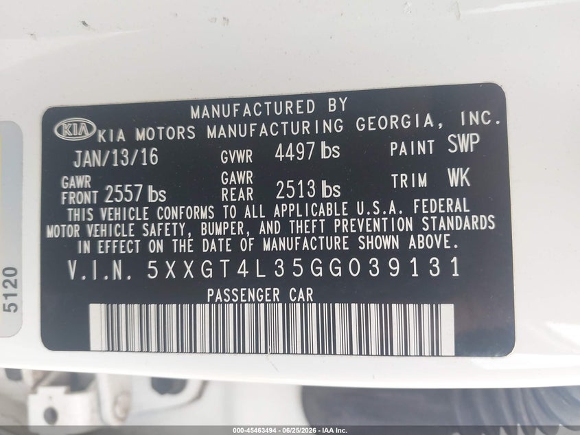 2016 Kia Optima VIN 5XXGT4L35GG039131 IAAI salvage auction — THEFT, Salvage Title, sold $2,450 on 2026-07-14 (photo 9)