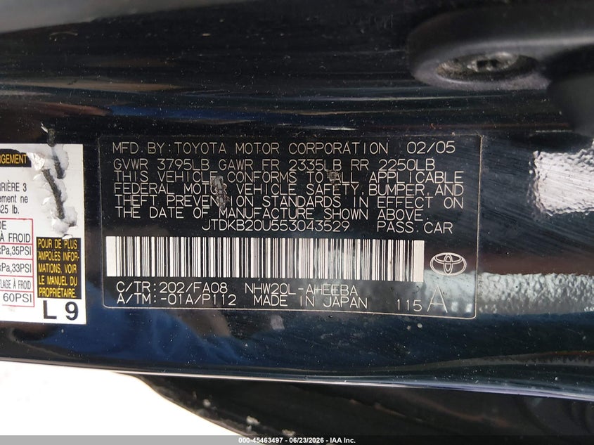 2005 Toyota Prius VIN JTDKB20U553043529 IAAI salvage auction — NORMAL WEAR, Clear (Massachusetts), sold $375 on 2026-07-15 (photo 9)