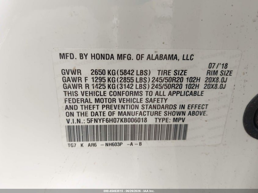 2019 Honda Pilot VIN 5FNYF6H07KB006018 IAAI salvage auction — SIDE, Salvage (Pennsylvania), sold $5,700 on 2026-07-10 (photo 9)