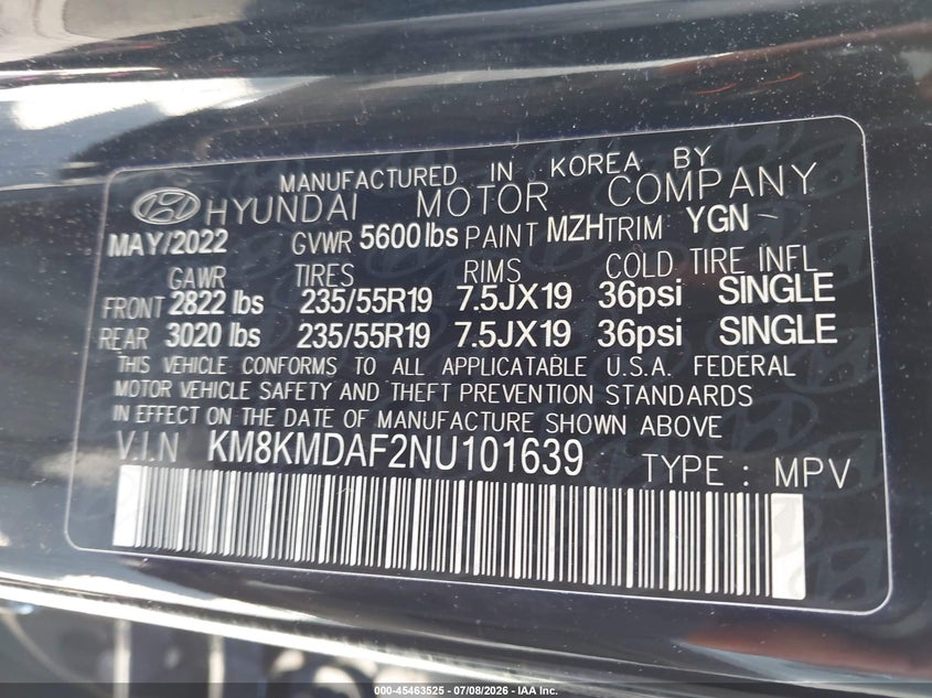 2022 Hyundai Ioniq 5 VIN KM8KMDAF2NU101639 IAAI salvage auction — UNKNOWN, Salvage Title, sold $11,600 on 2026-08-25 (photo 9)