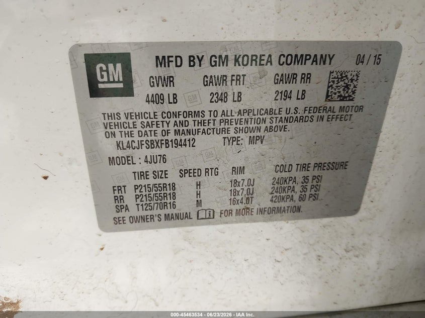 2015 Buick Encore VIN KL4CJFSBXFB194412 IAAI salvage auction — NORMAL WEAR, Clear (New York), sold $425 on 2026-07-16 (photo 9)