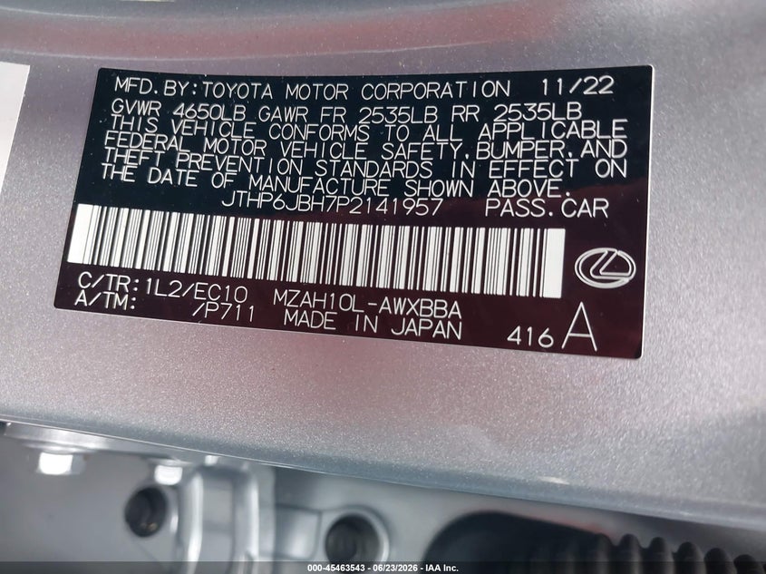 2023 Lexus Ux VIN JTHP6JBH7P2141957 IAAI salvage auction — WATER/FLOOD, Salvage Title, sold $11,100 on 2026-07-23 (photo 9)