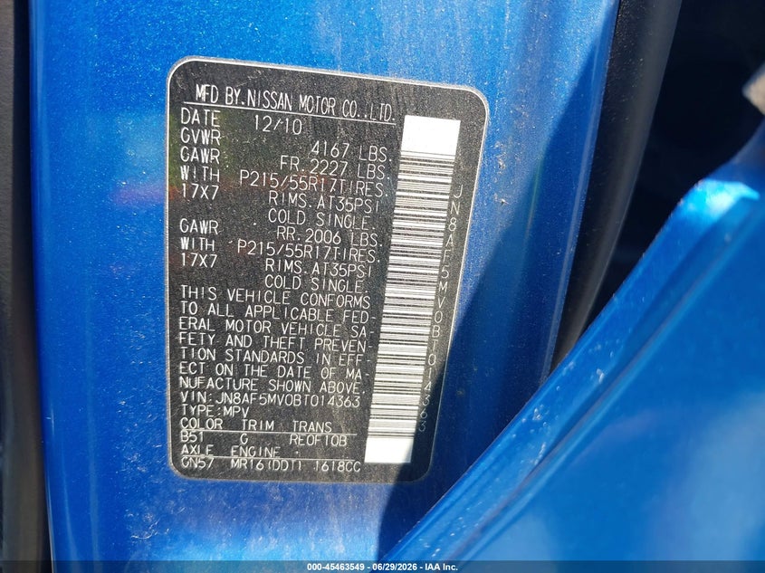 2011 Nissan Juke VIN JN8AF5MV0BT014363 IAAI salvage auction — ALL OVER, Salvage (Pennsylvania), sold $725 on 2026-07-17 (photo 9)