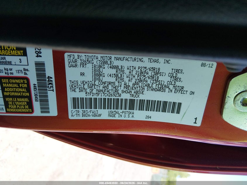 2012 Toyota Tundra VIN 5TFDY5F17CX269230 IAAI salvage auction — SIDE, Salvage (Pennsylvania), sold $3,450 on 2026-07-07 (photo 9)