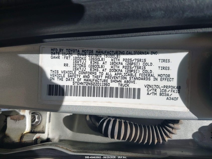 2002 Toyota Tacoma VIN 5TEHN72N52Z011360 IAAI salvage auction — FRONT END, Salvage (Rhode Island), sold $1,350 on 2026-07-28 (photo 9)