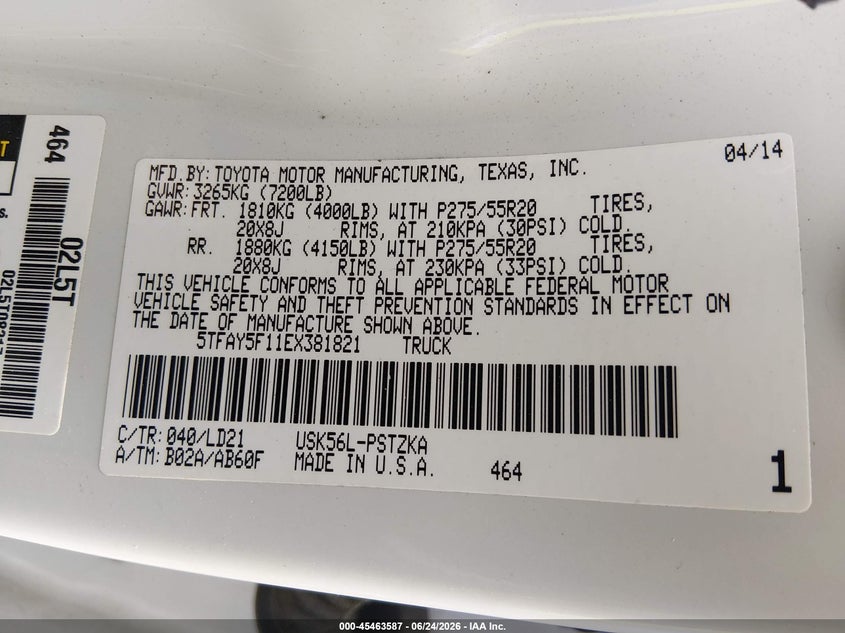 2014 Toyota Tundra VIN 5TFAY5F11EX381821 IAAI salvage auction — REAR END, Salvage (Virginia), sold $11,500 on 2026-07-17 (photo 9)