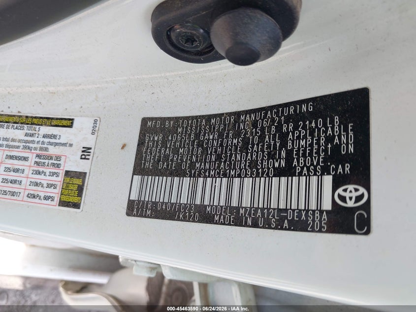 2021 Toyota Corolla VIN 5YFS4MCE1MP093120 IAAI salvage auction — WATER/FLOOD, Salvage Title, sold $2,050 on 2026-07-29 (photo 9)