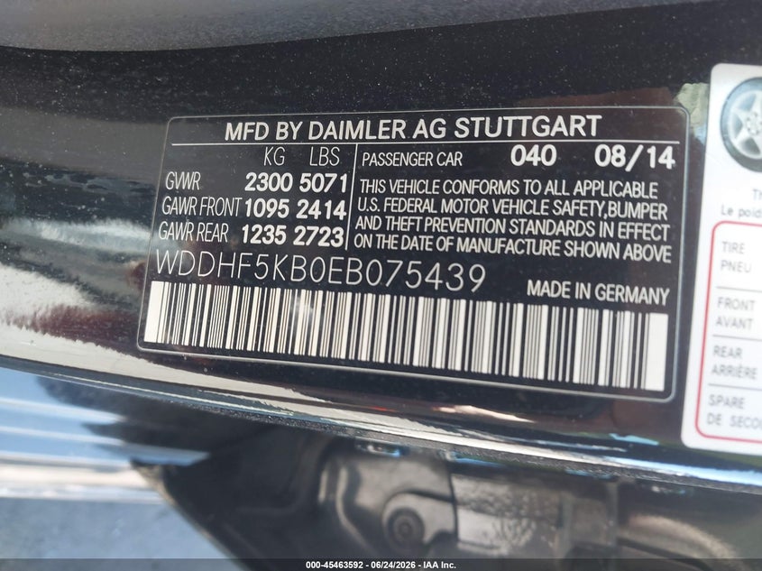 2014 Mercedes-benz E-klasse VIN WDDHF5KB0EB075439 IAAI salvage auction — LEFT SIDE, Salvage (North Carolina), sold $3,350 on 2026-07-15 (photo 9)