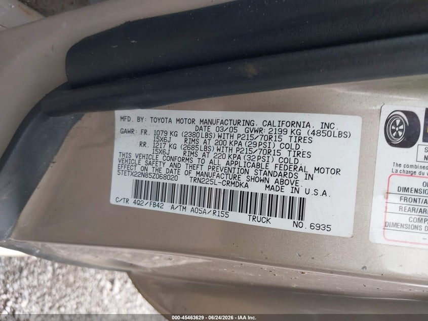 2005 Toyota Tacoma VIN 5TETX22N85Z068020 IAAI salvage auction — NORMAL WEAR, Clear (New York), sold $1,100 on 2026-07-29 (photo 9)