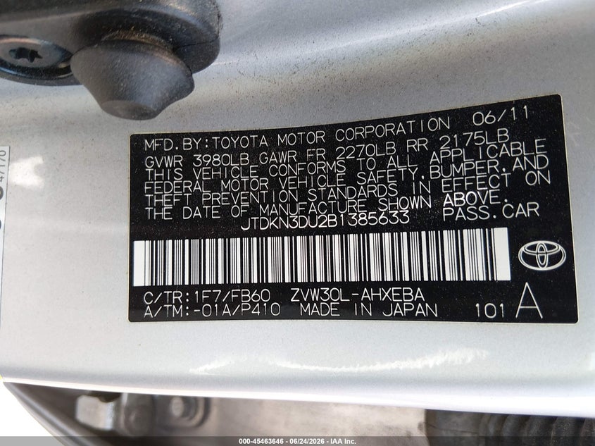 2011 Toyota Prius VIN JTDKN3DU2B1385633 IAAI salvage auction — FRONT END, Rebuildable (Florida), sold $1,550 on 2026-07-28 (photo 9)