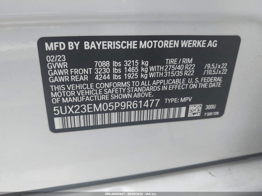 2023 BMW X7 VIN 5UX23EM05P9R61477 IAAI salvage auction — FRONT END, Salvage (North Carolina), sold $46,275 on 2026-07-20 (photo 9)
