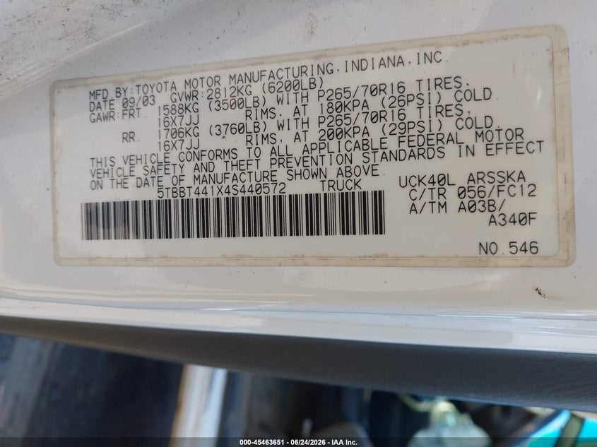 2004 Toyota Tundra VIN 5TBBT441X4S440572 IAAI salvage auction — FRONT END, Salvage (North Carolina), sold $1,350 on 2026-07-16 (photo 9)