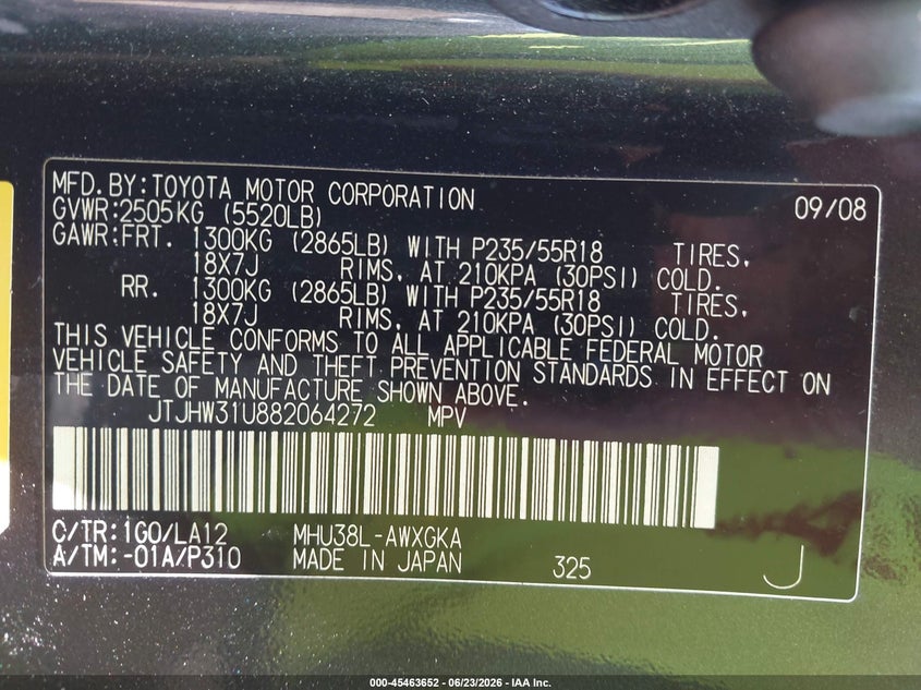 2008 Lexus Rx VIN JTJHW31U882064272 IAAI salvage auction — LEFT SIDE, Salvage (Ohio), sold $925 on 2026-07-09 (photo 9)