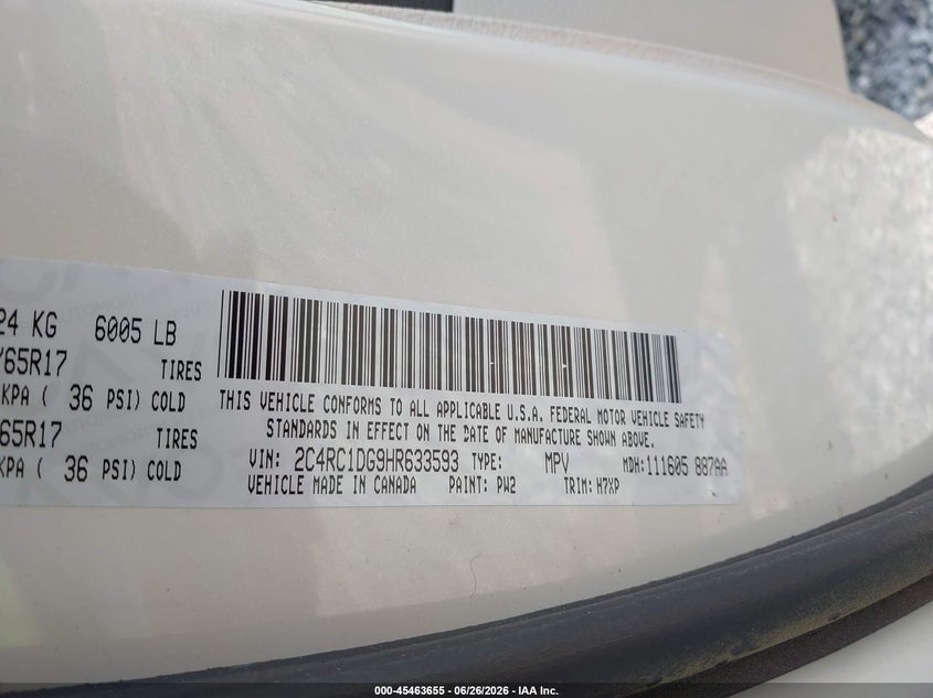 2017 Chrysler Pacifica VIN 2C4RC1DG9HR633593 IAAI salvage auction — FRONT END, Wait Title, sold $1,550 on 2026-09-12 (photo 9)