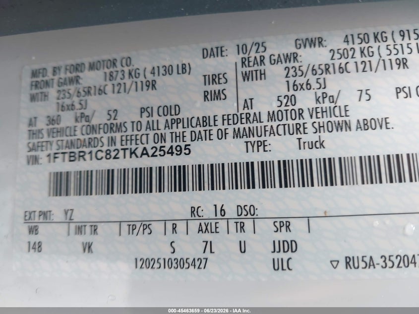 2026 Ford Transit VIN 1FTBR1C82TKA25495 IAAI salvage auction — REAR END, Wait Title, sold $27,550 on 2026-08-28 (photo 9)
