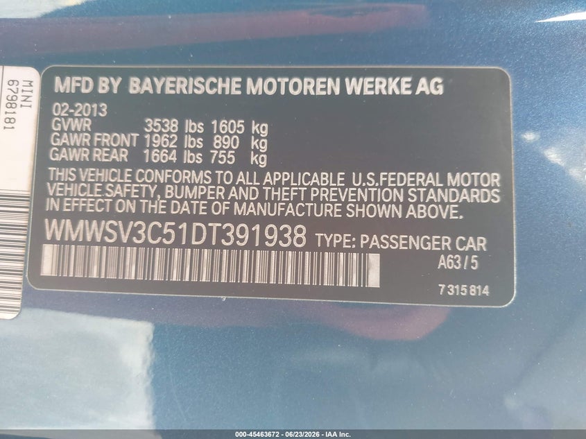2013 Mini Hard top VIN WMWSV3C51DT391938 IAAI salvage auction — NORMAL WEAR, Clear (Florida), sold $775 on 2026-07-16 (photo 9)