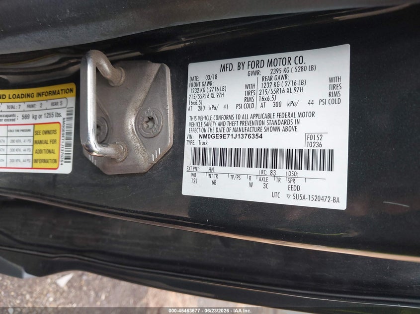 2018 Ford Transit connect VIN NM0GE9E71J1376354 IAAI salvage auction — NORMAL WEAR, SF97 (Virginia), sold $14,075 on 2026-07-22 (photo 9)