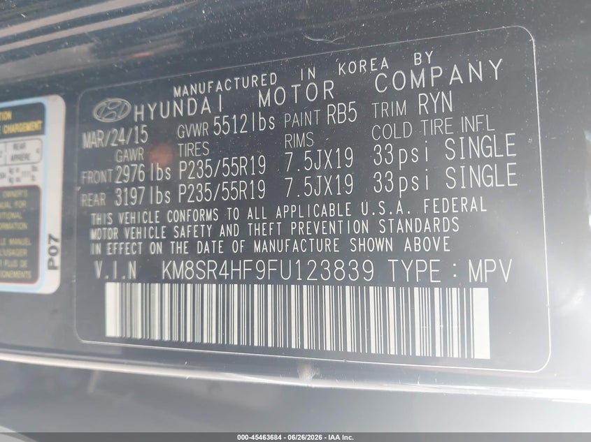2015 Hyundai Santa fe VIN KM8SR4HF9FU123839 IAAI salvage auction — NORMAL WEAR, Clear (Tennessee), sold $1,550 on 2026-07-14 (photo 9)